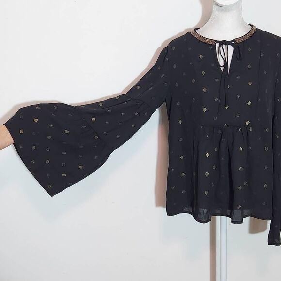 Altar'd State Black and Gold Full Sleeve Boho Blouse Size XS Black Sheer Blouse - Picture 5 of 11